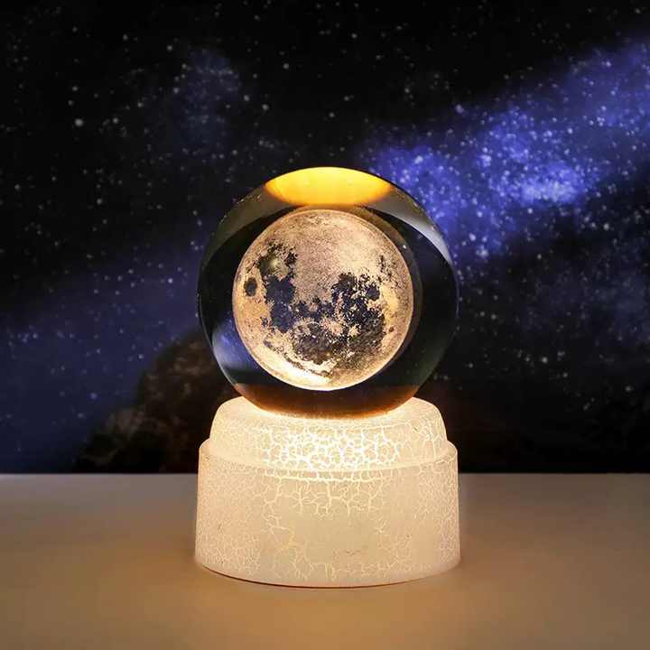 Light up Crystal Laser Moon Milky Way Saturn Ball with Rotating Plastic Led Light Base