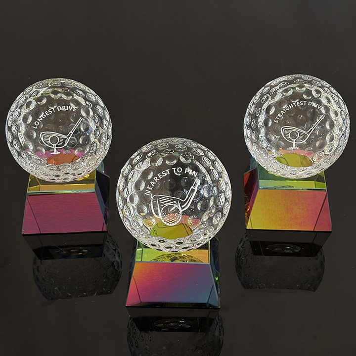 Slanted Crystal Golf Ball Paperweight with rainbow Base MH-Q0246