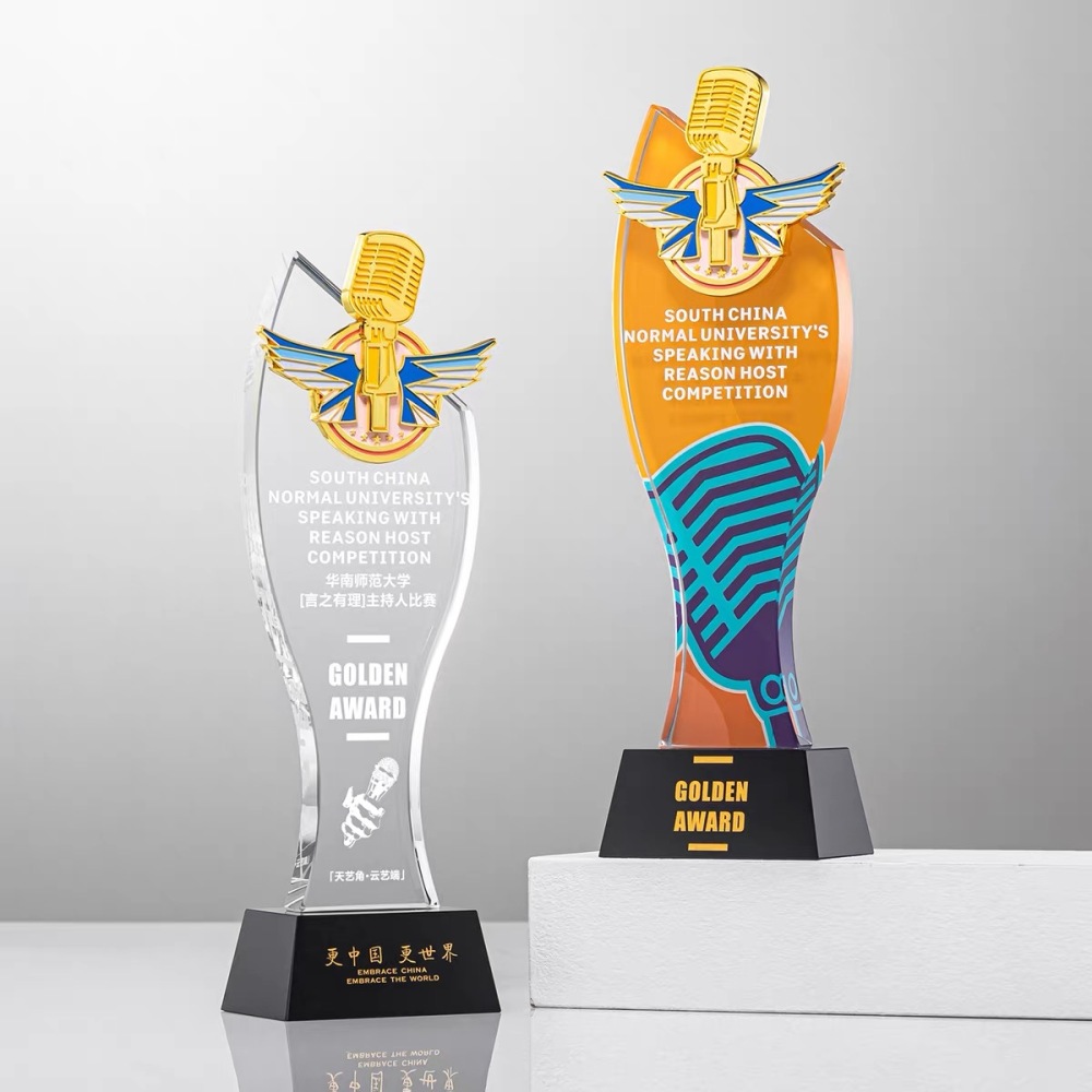 New Design Gold Metal microphone Music Crystal Glass Awards Trophy MH-FJ0047