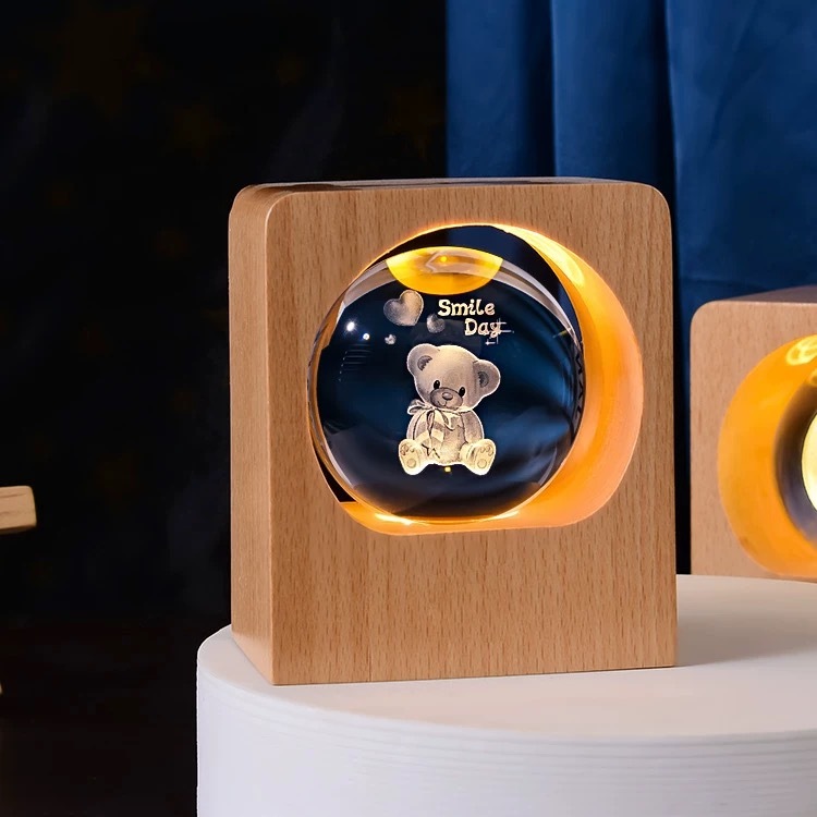 Light up Crystal Ball Laser Milky Way Moon Souvenir with Wood Led Light Base MH-Q0284