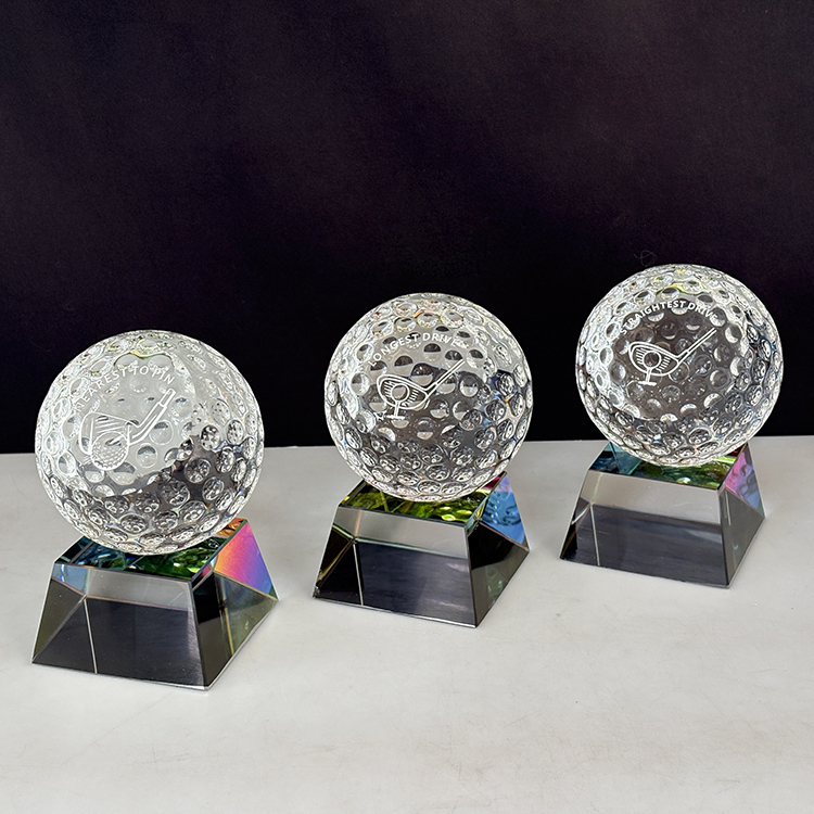 Slanted Crystal Golf Ball Paperweight with rainbow Base MH-Q0246
