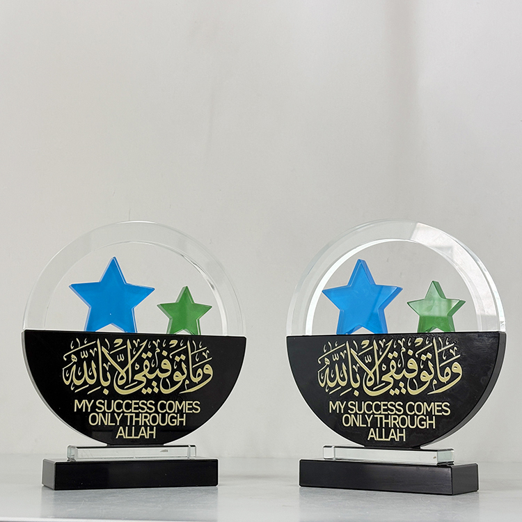 Round Black Crystal Circle Glass Awards Plaque Trophy with 2 Star MH-LJ0404