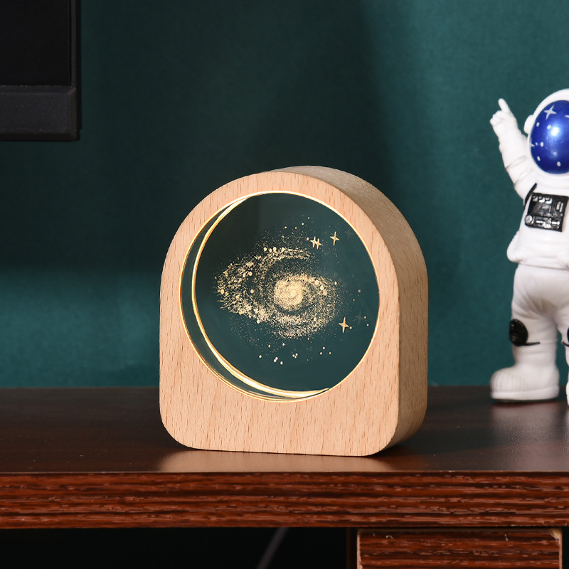 2024 New Night Light Laser Moon Milky Way Crystal Circle Paperweight with Wooden Light Base MH-F0599