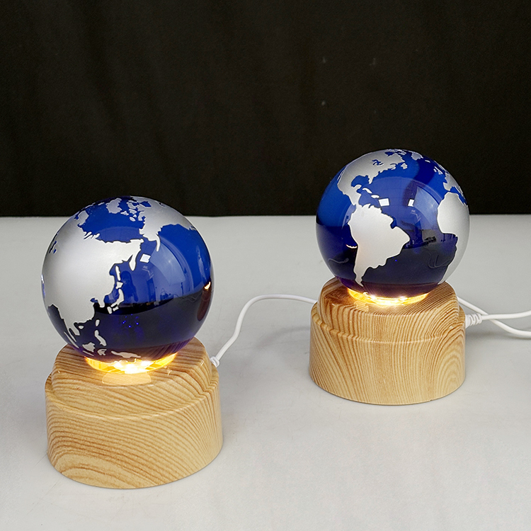 Light up Crystal Blue Globe Ball with Rotating Wooden Led Light Base MH-Q0282