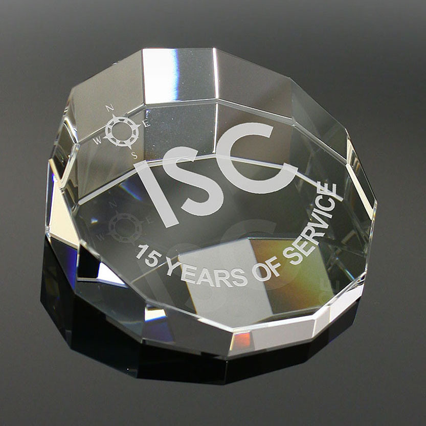 Laser Etched Diamond Cut Circle Glass Paperweight