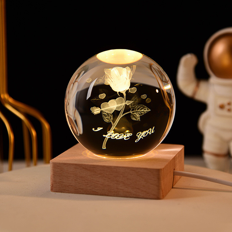 Light up Crystal Laser Rose Milky Way Saturn Ball with square Wooden Led Light Base