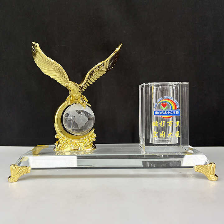 Gold  Metal Eagle with Globe Desktop Gift Crystal Pen Holder Set for Table Decoration MH-B0400