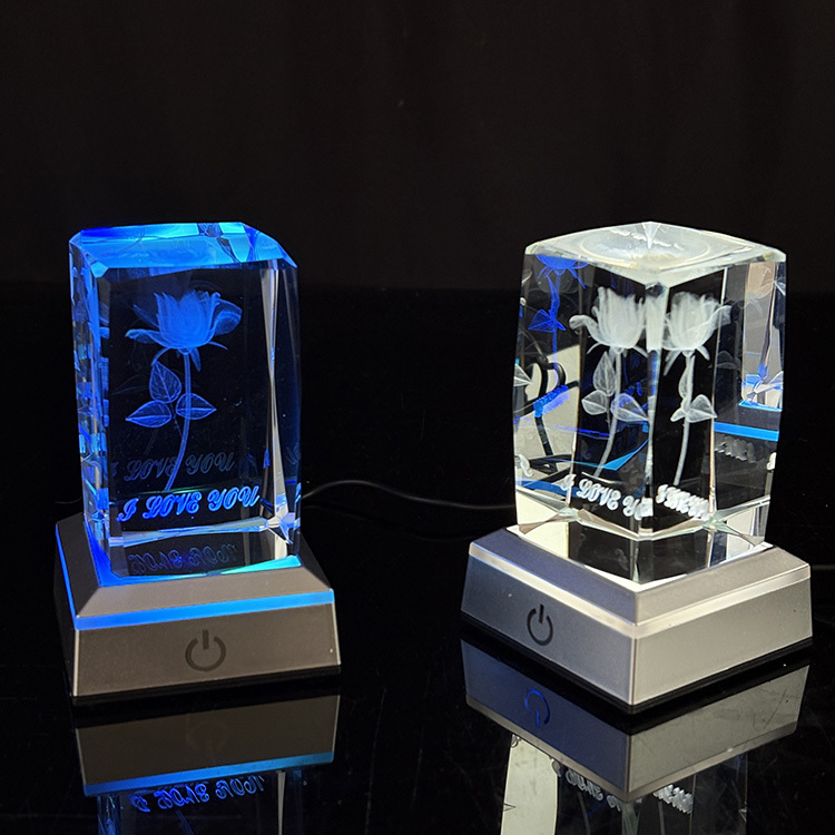 Laser Rose Rectangle Crystal Paperweight with Light Base MH-F0653