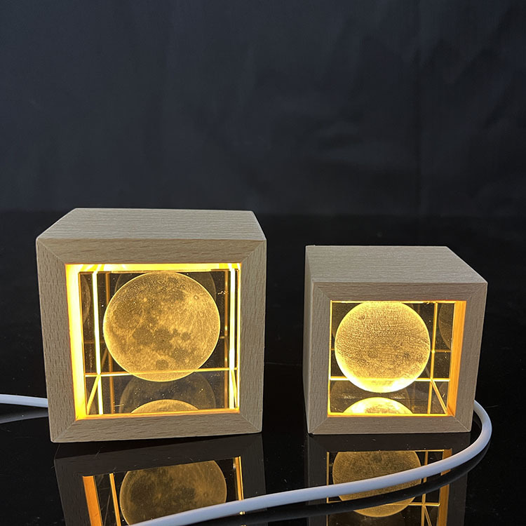 2024 New Night Light Laser Moon Milky Way Crystal Block Cube Paperweight with Wooden Light Base MH-F0600