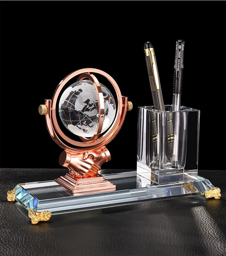 Gold Silver Bronze Metal Globe Anniversary Gift Crystal Pen Holder Set for Table Decoration MH-B0386