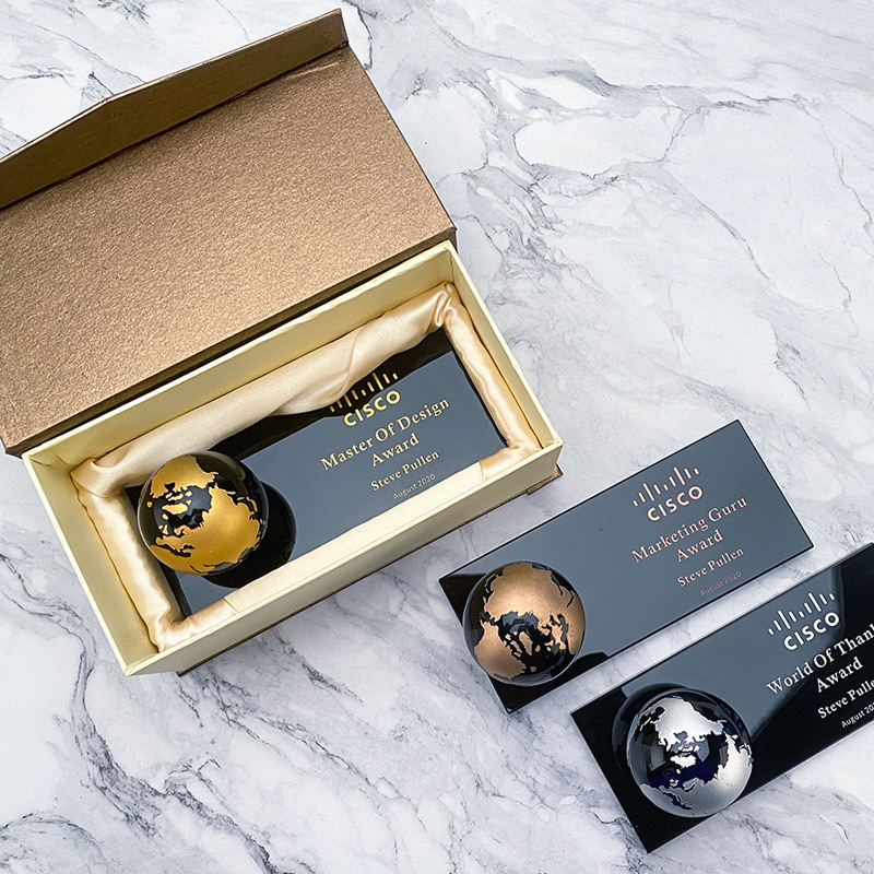 Gold Silver Bronze Continent Blue Glass Crystal Glass Globe Paperweight with Black Base MH-Q0075
