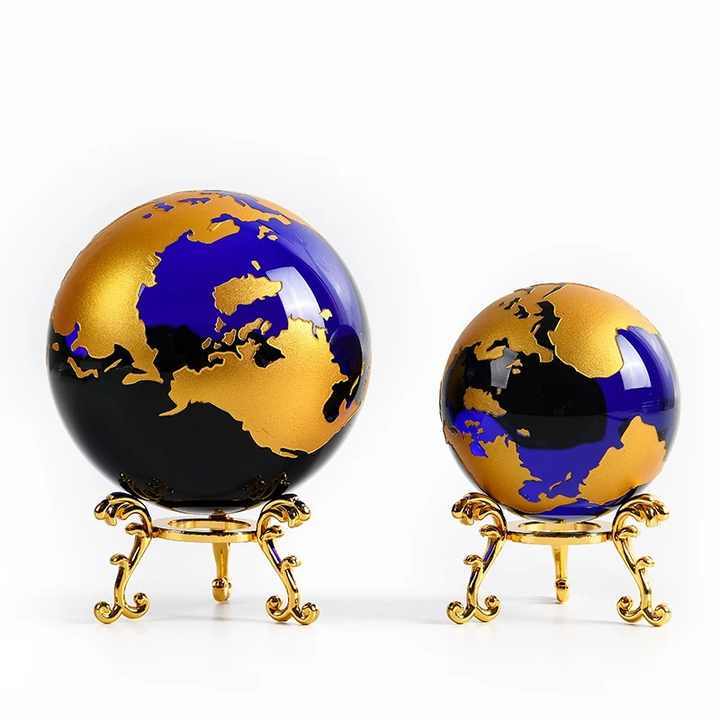 Gold Silver Bronze Continent Blue Glass Crystal Glass Globe with Gold Metal Stand MH-Q0266