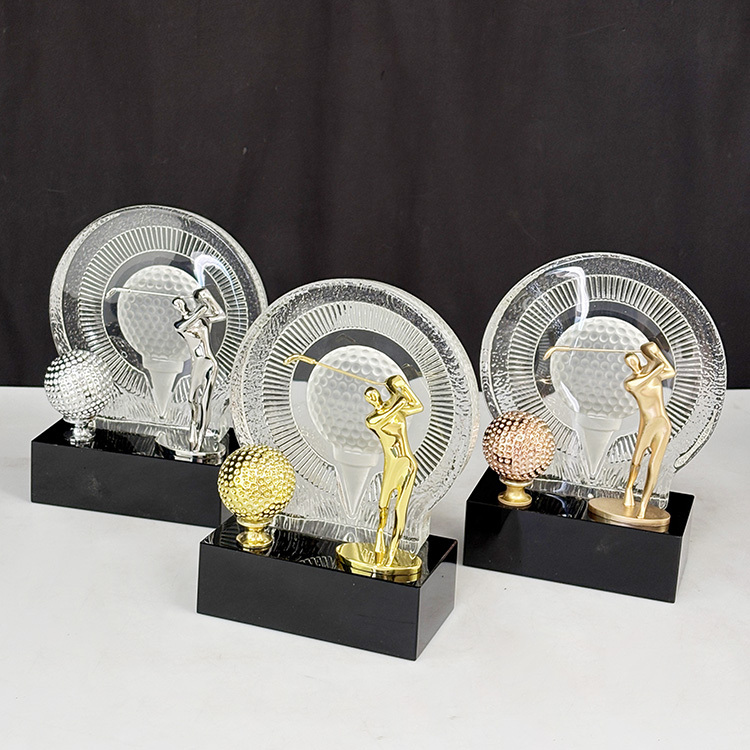 Gold Silver Bronze Metal Golfer Clear Glass Crystal Golf Ball Sports Trophy with Black Base MH-LJ0348