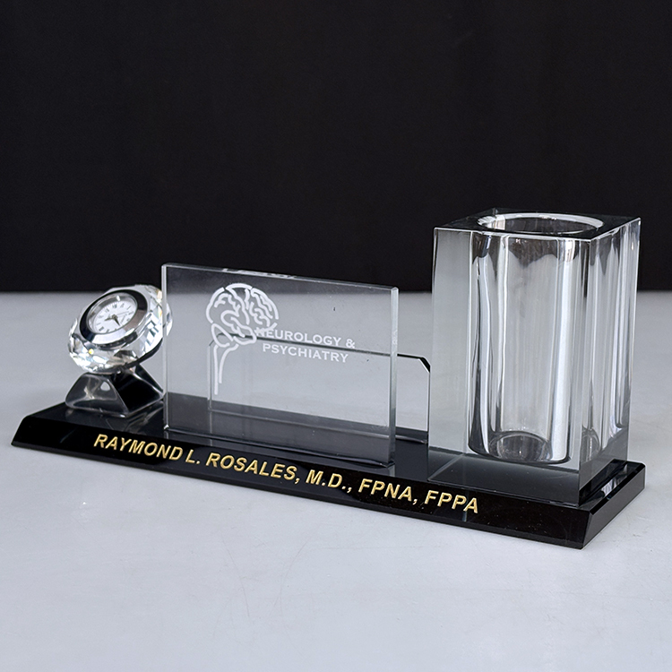 Multi-functional Three in One K9 Crystal Pen Holder with Diamond Clock Card Holder Office Business Gifts MH-B0392