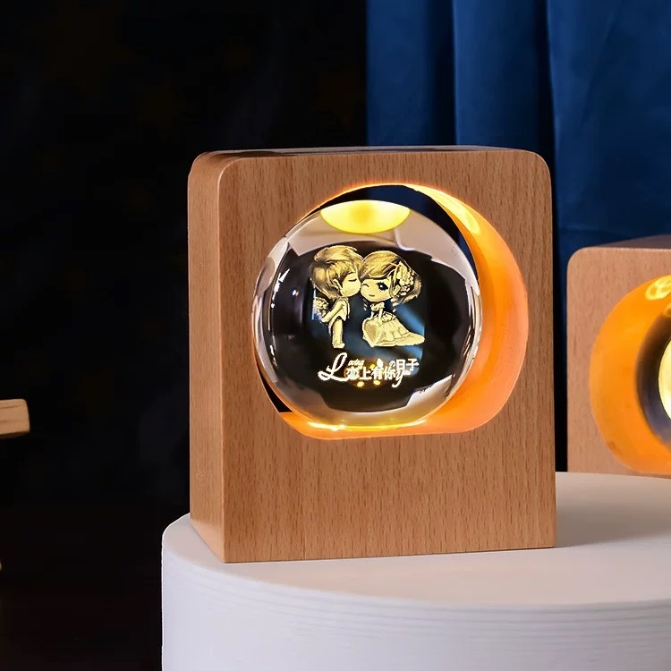 Light up Crystal Ball Laser Milky Way Moon Souvenir with Wood Led Light Base MH-Q0284