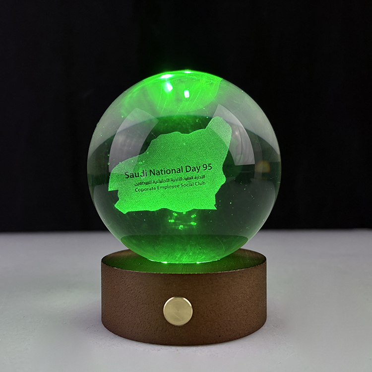 Custom Crystal Ball 3D Laser Night Light with Touch Switch Wooden Led Light Base MH-Q0279