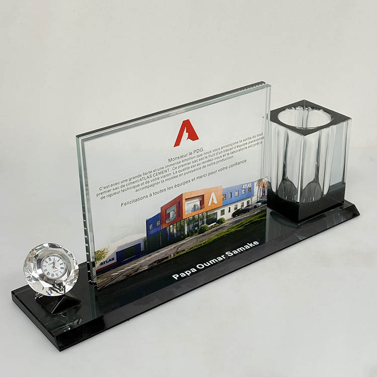 Crystal Pen Holder Set with Diamond Clock with Black Base for Table Decoration MH-B0407