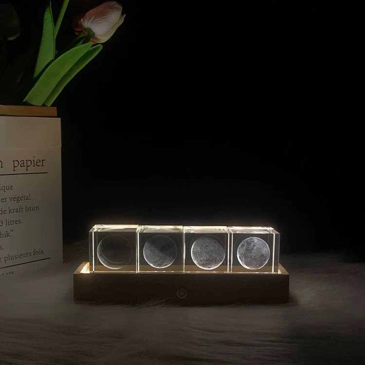 4pcs in a Set New Night Light Laser Moon Cube Paperweight with Wooden Light Base MH-F0617