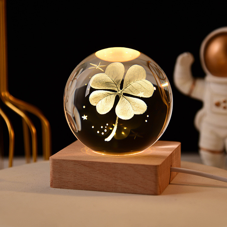 Light up Crystal Laser Rose Milky Way Saturn Ball with square Wooden Led Light Base