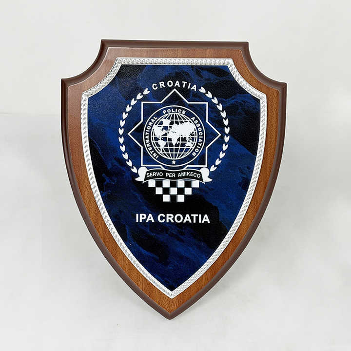 20x25cm Shield Shape Wooden Certificate Award with Silver Blue Metal Plate MH-LJ0752