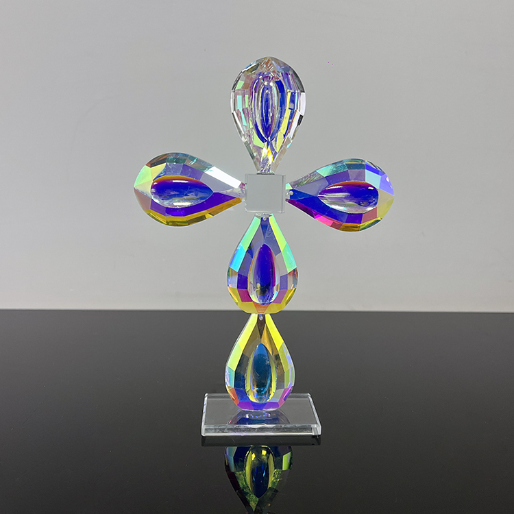 13.5x19cm Rainbow Coating Crystal Glass Standing Cross MH-15555