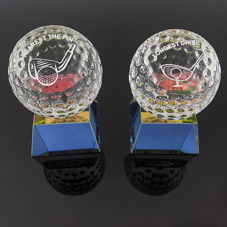 Slanted Crystal Golf Ball Paperweight with rainbow Base MH-Q0246