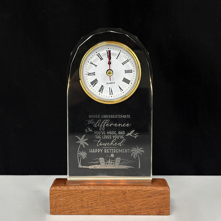 Optical Glass Arch Shaped Crystal Desk Clock with Wooden Light Base MH-C0221