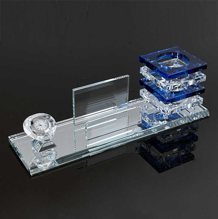 Multi-functional Three in One K9 Crystal Pen Holder with Heart Clock Card Holder Office Business Gifts MH-B0396