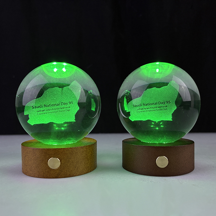 Custom Crystal Ball 3D Laser Night Light with Touch Switch Wooden Led Light Base MH-Q0279