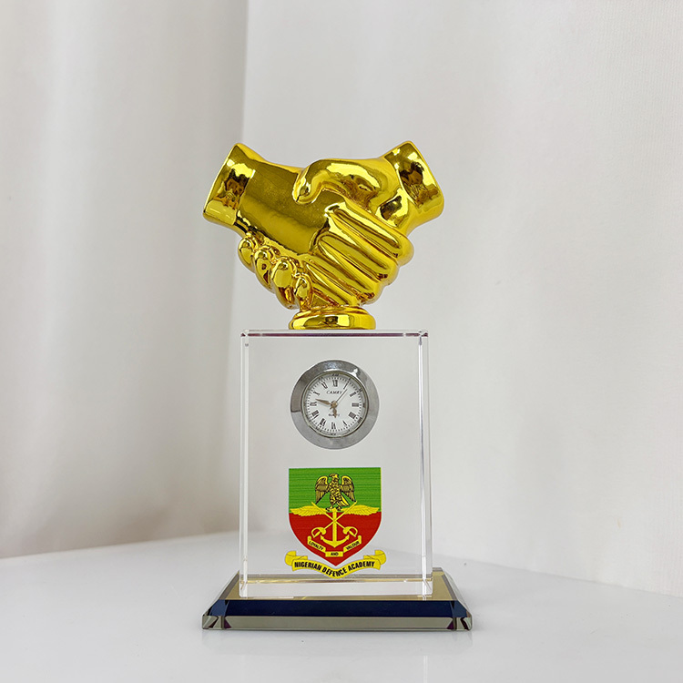 Gold Resin Handshake Rectangle Glass Crystal Desk Clock MH-C0213