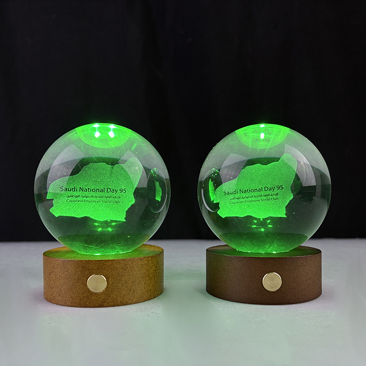 Custom Crystal Ball 3D Laser Night Light with Touch Switch Wooden Led Light Base MH-Q0279