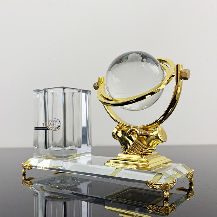 Gold Silver Bronze Metal Globe Anniversary Gift Crystal Pen Holder Set for Table Decoration MH-B0386