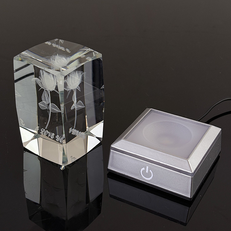 Laser Rose Rectangle Crystal Paperweight with Light Base MH-F0653