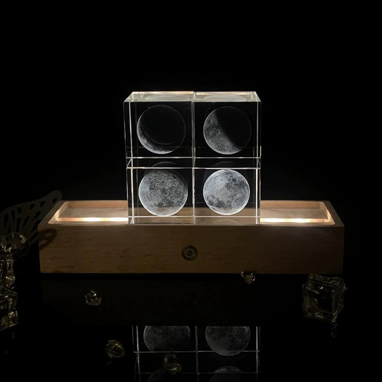 4pcs in a Set New Night Light Laser Moon Cube Paperweight with Wooden Light Base MH-F0617