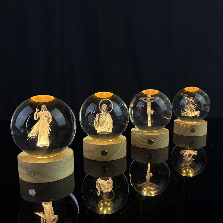 Custom Christian Jesus Cross Crystal Ball 3D Laser Religious Night Light with Touch Switch Wooden Led Light Base MH-Q0272