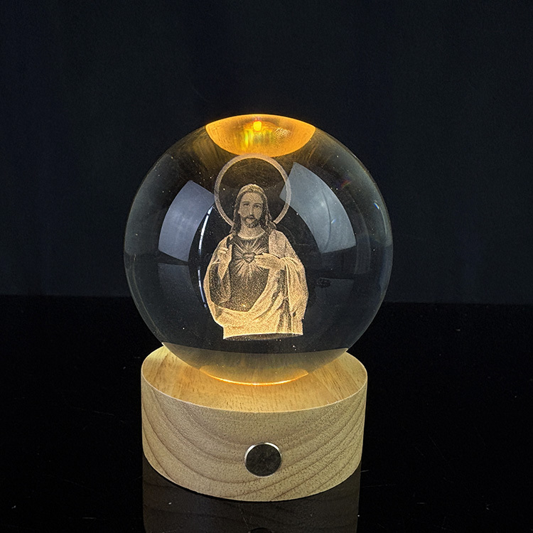 Custom Christian Jesus Cross Crystal Ball 3D Laser Religious Night Light with Touch Switch Wooden Led Light Base MH-Q0272