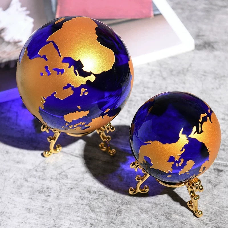 Gold Silver Bronze Continent Blue Glass Crystal Glass Globe with Gold Metal Stand MH-Q0266