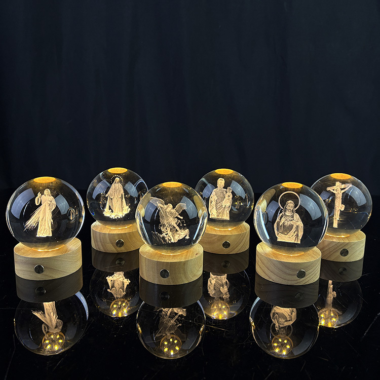 Custom Christian Jesus Cross Crystal Ball 3D Laser Religious Night Light with Touch Switch Wooden Led Light Base MH-Q0272