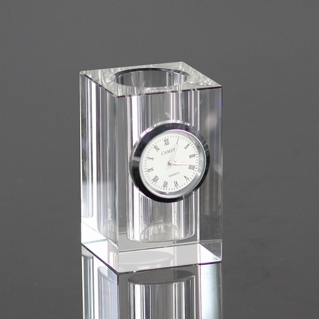 Clear Crystal Glass Pen Holder with Clock MH-B0333