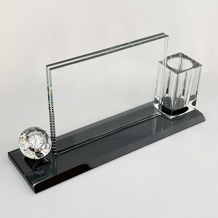 Crystal Pen Holder Set with Diamond Clock with Black Base for Table Decoration MH-B0382