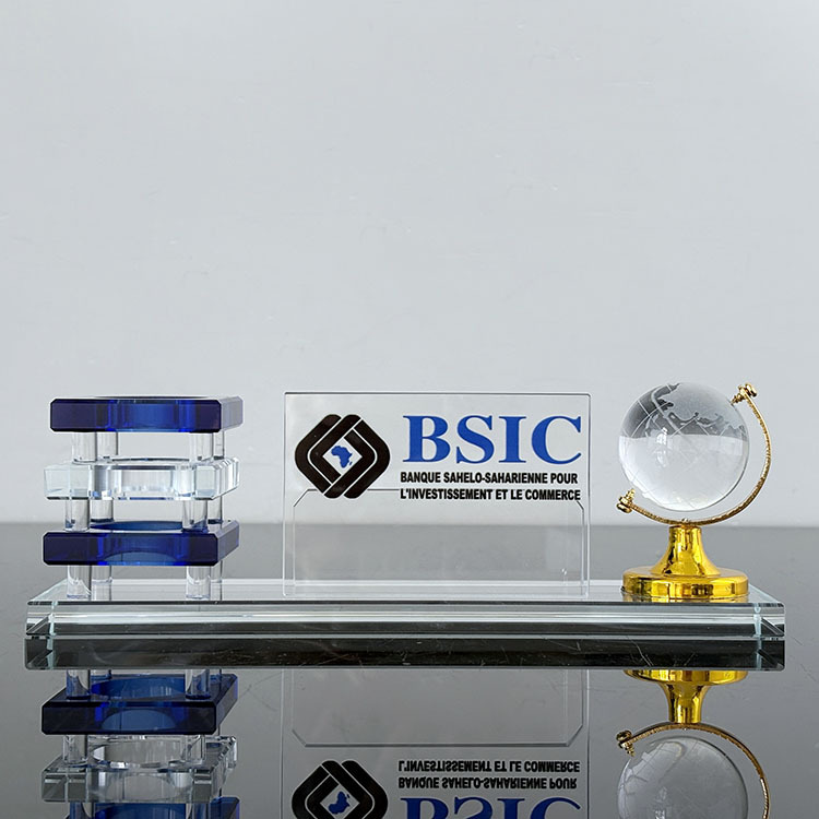 Multi-functional Three in One K9 Crystal Pen Holder with Globe Card Holder Office Business Gifts MH-B0390