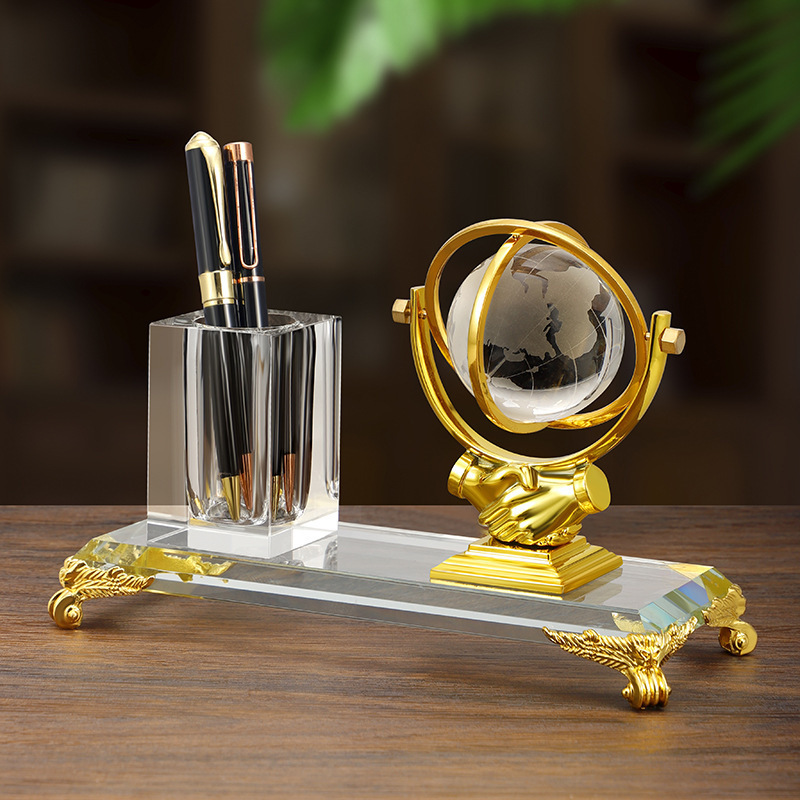 Gold Silver Bronze Metal Globe Anniversary Gift Crystal Pen Holder Set for Table Decoration MH-B0386