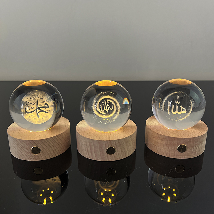 Light up Crystal Laser Allah Mohammed Islamic Ball with Touch Switch Wooden Led Light Base MH-Q0268