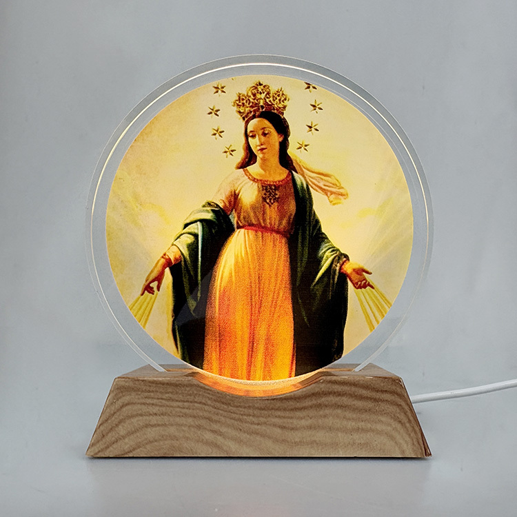Customized Catholicism Round Crystal Wooden Custom Mini LED Night Light Base Stand MH-F0690