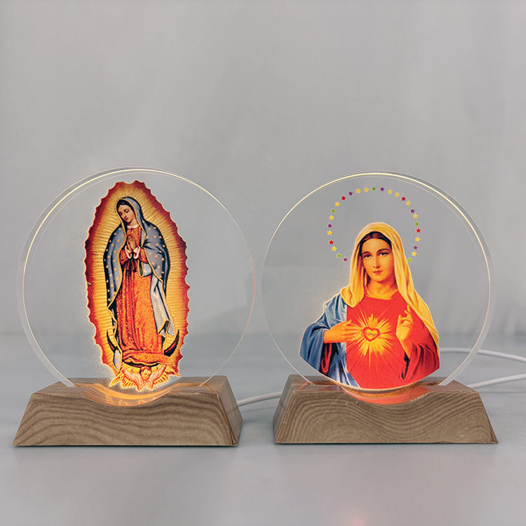 Customized Catholicism Round Crystal Wooden Custom Mini LED Night Light Base Stand MH-F0690
