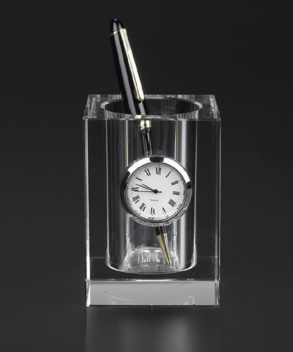 Clear Crystal Glass Pen Holder with Clock MH-B0333