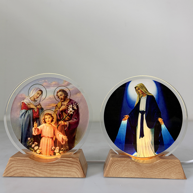 Customized Catholicism Round Crystal Wooden Custom Mini LED Night Light Base Stand MH-F0690