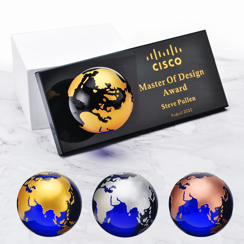 Gold Silver Bronze Continent Blue Glass Crystal Glass Globe Paperweight with Black Base MH-Q0075