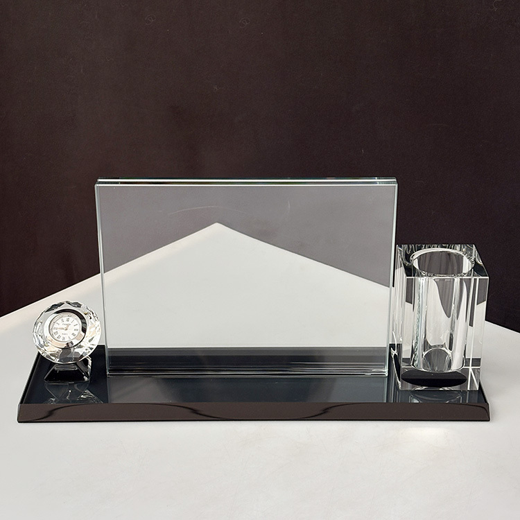 Crystal Pen Holder Set with Diamond Clock with Black Base for Table Decoration MH-B0382