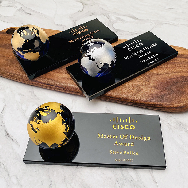 Gold Silver Bronze Continent Blue Glass Crystal Glass Globe Paperweight with Black Base MH-Q0075